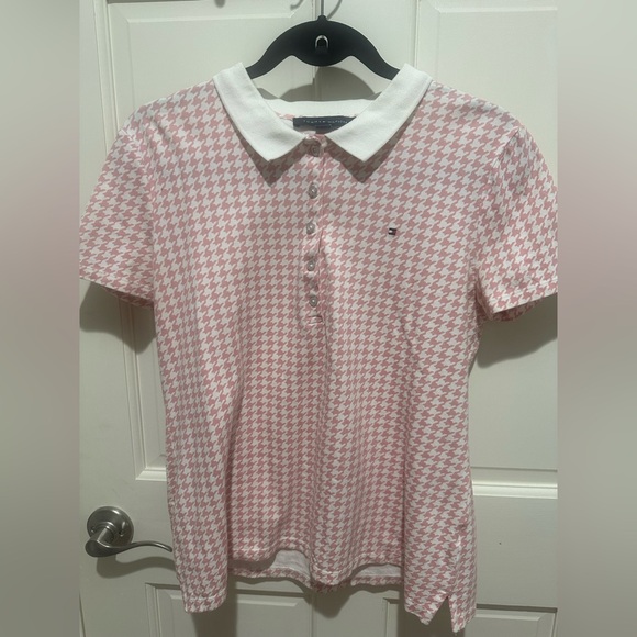 Tommy Hilfiger Pink and White Houndstooth Polo Shirt, Size M - Picture 1 of 4
